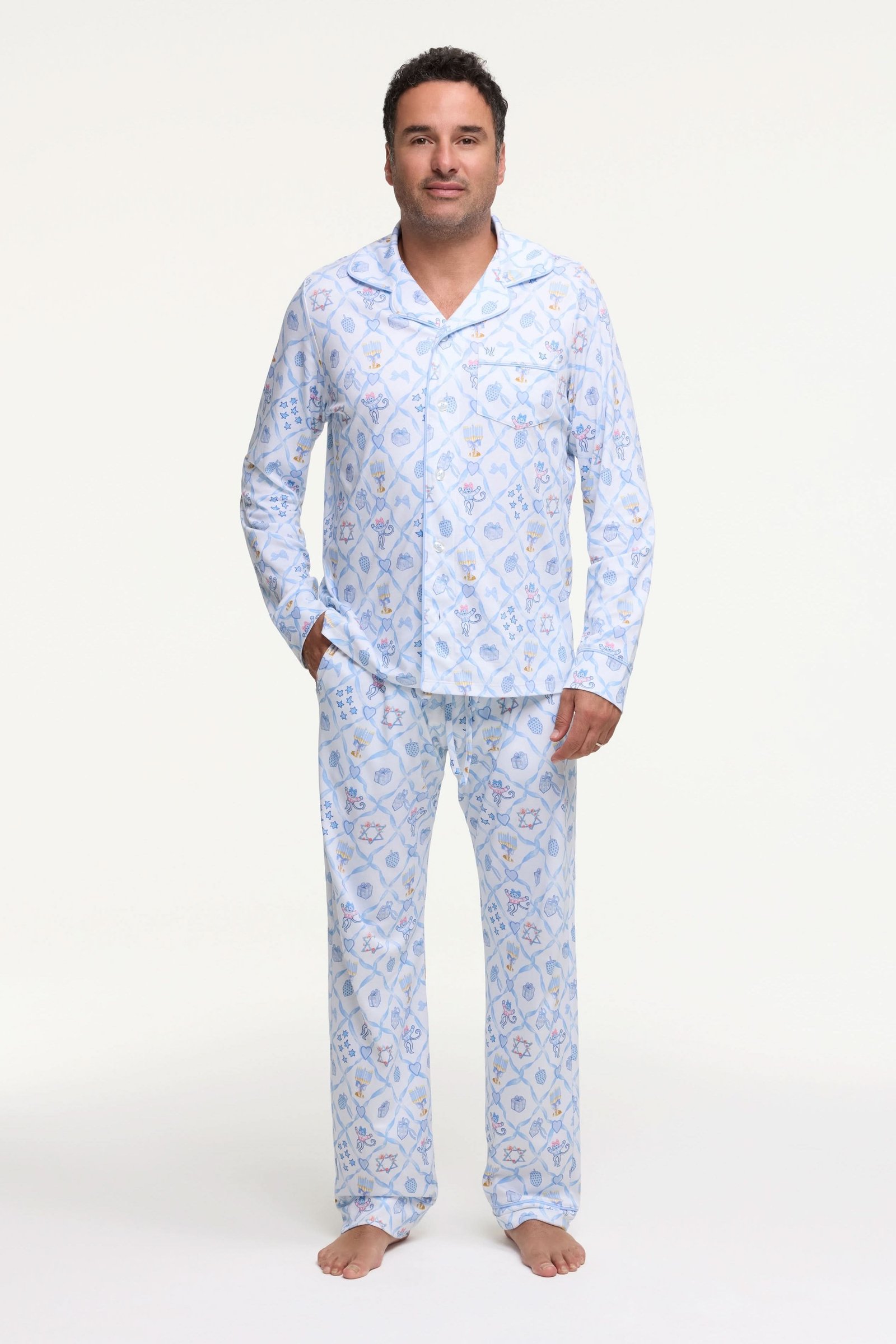 491A2512 Mens Starry Nights Lattice Long Sleeve Polo Pajamas - Image 1