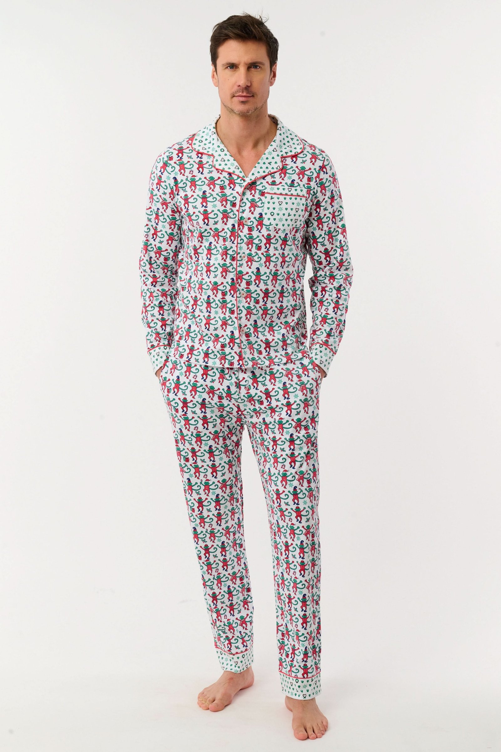MENS_SET1_0001 Mens Monkey Mas Patchwork Long Sleeve Polo Pajamas - Image 1