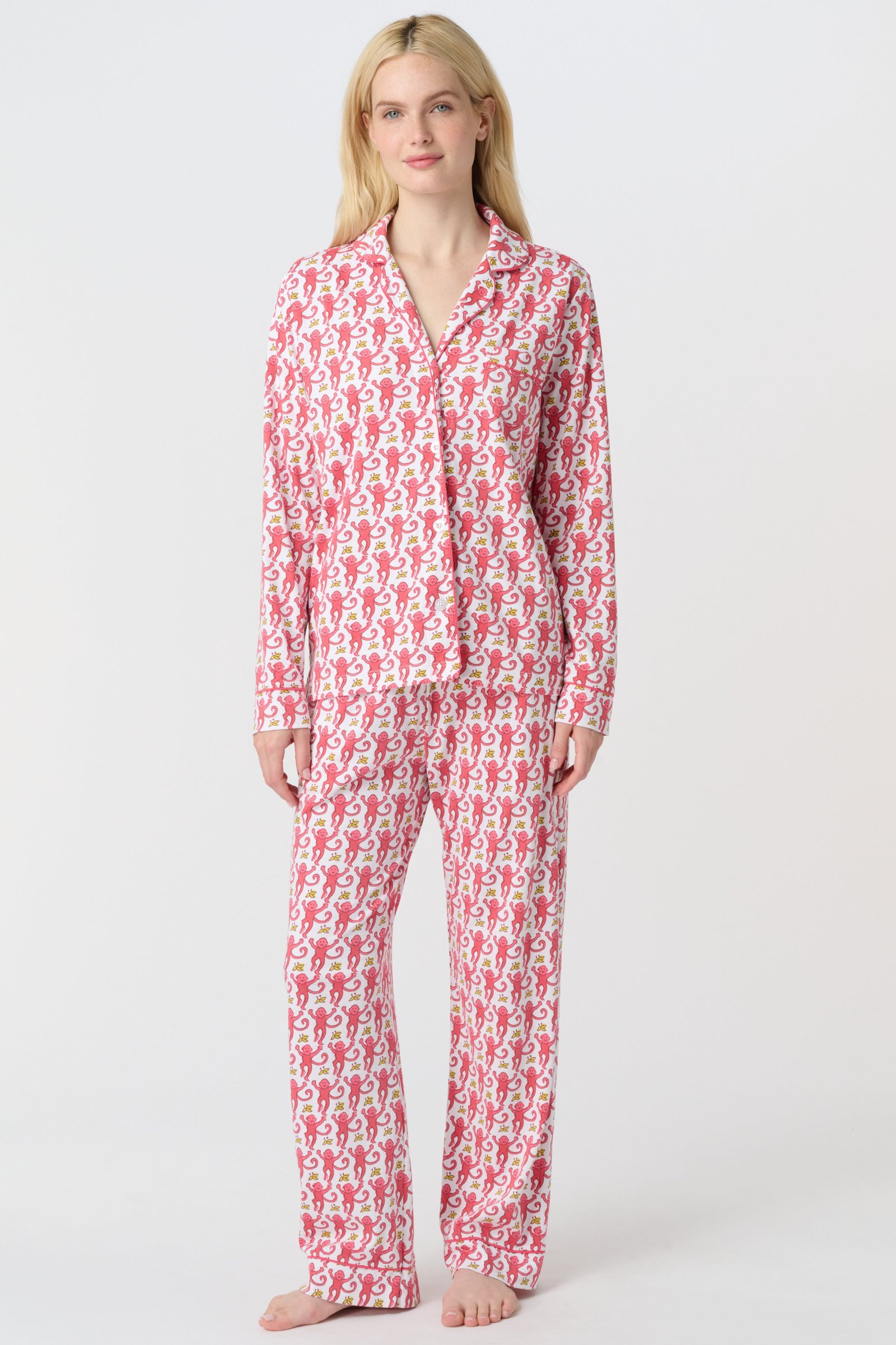 PINK-MONKEY-LSPOLO-PAJAMA_050 Monkey Long Sleeve Polo Pajamas - Image 1